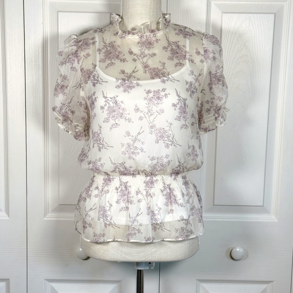 Sugar + Lips Floral Ruffle Mock Neck Smocked Blouse Cream Purple S